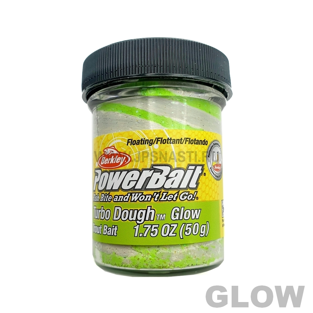 Паста форелевая Berkley PowerBait Glow In The Dark, ярко-зелено-белая GLOW с блестками