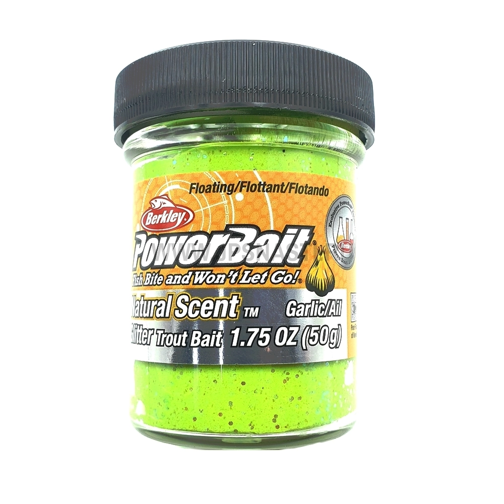 Паста форелевая Berkley PowerBait Natural Glitter Trout Bait, ярко-зеленая с блестками, чеснок