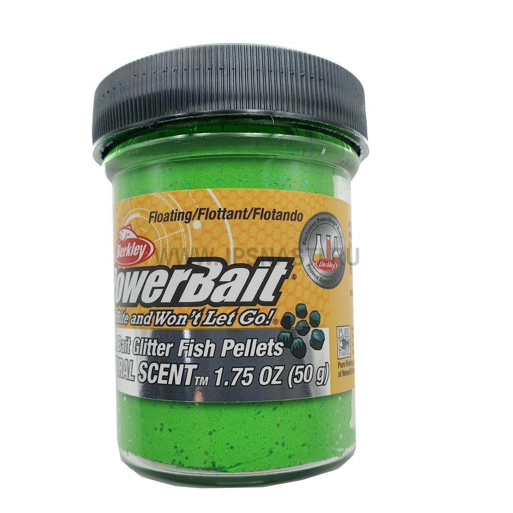 Паста форелевая Berkley PowerBait Natural Glitter Trout Bait, зеленая с блестками, пеллетс