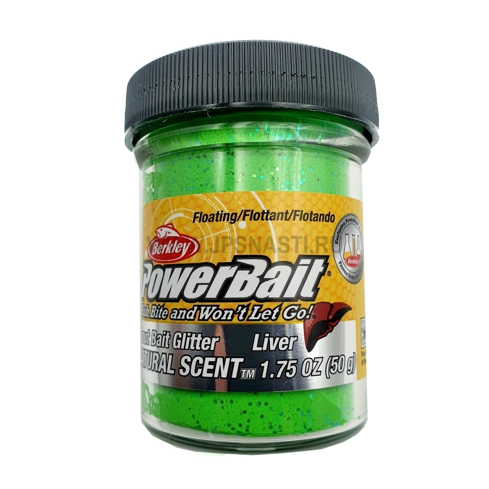 Паста форелевая Berkley PowerBait Natural Glitter Trout Bait, зеленая с блестками, печень