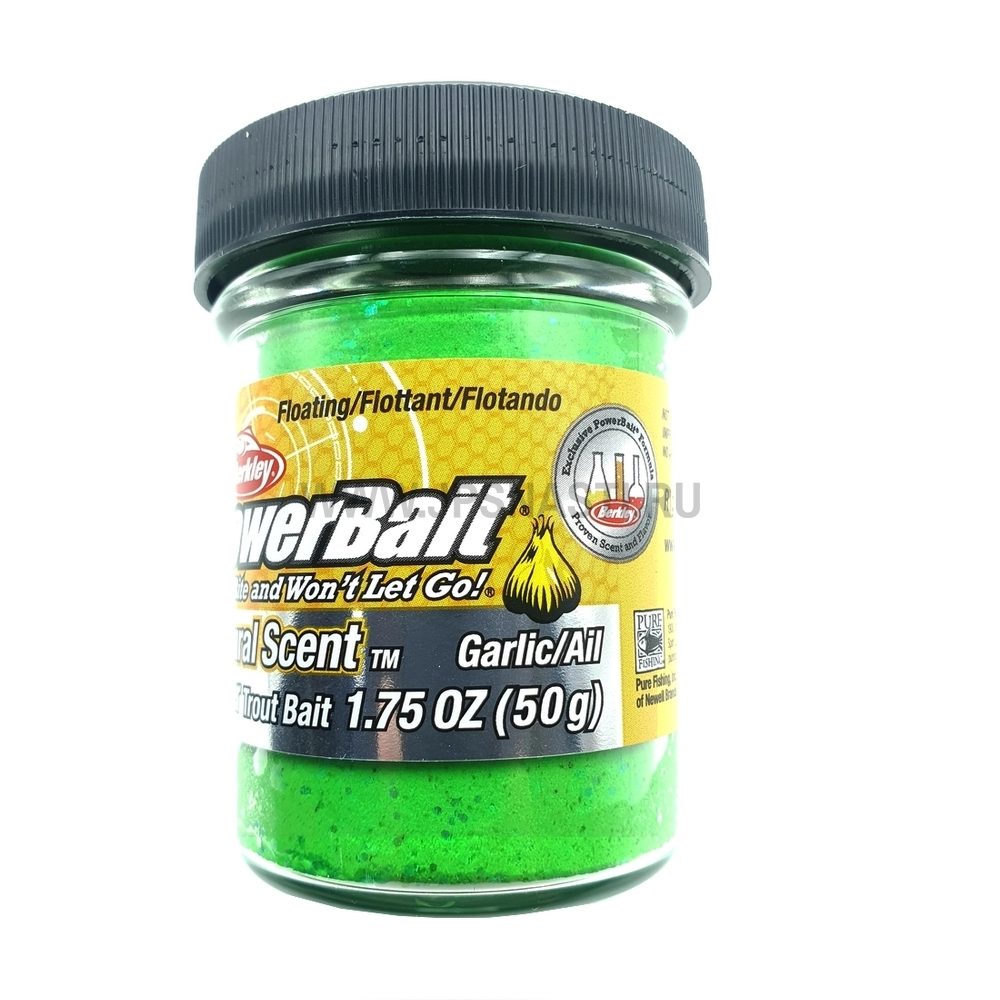 Паста форелевая Berkley PowerBait Natural Glitter Trout Bait, зеленая с блестками, чеснок