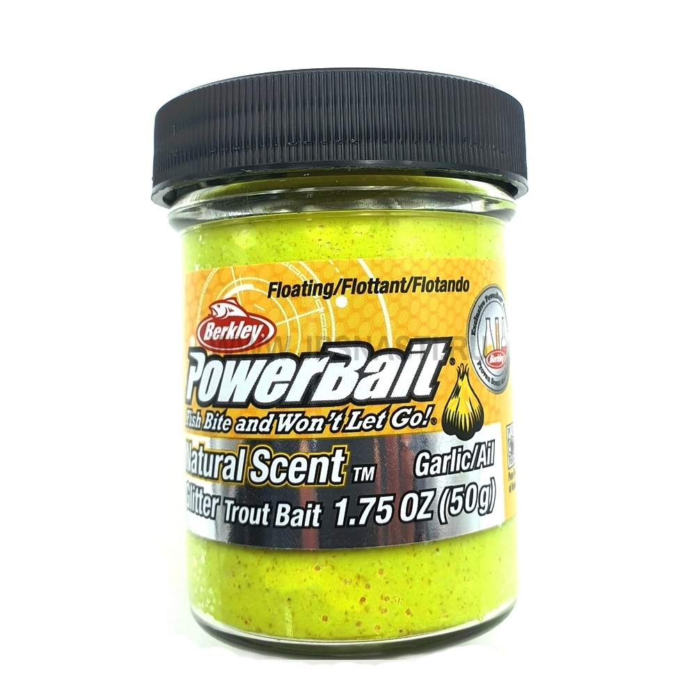 Паста форелевая Berkley PowerBait Natural Glitter Trout Bait, желтая с блестками, чеснок