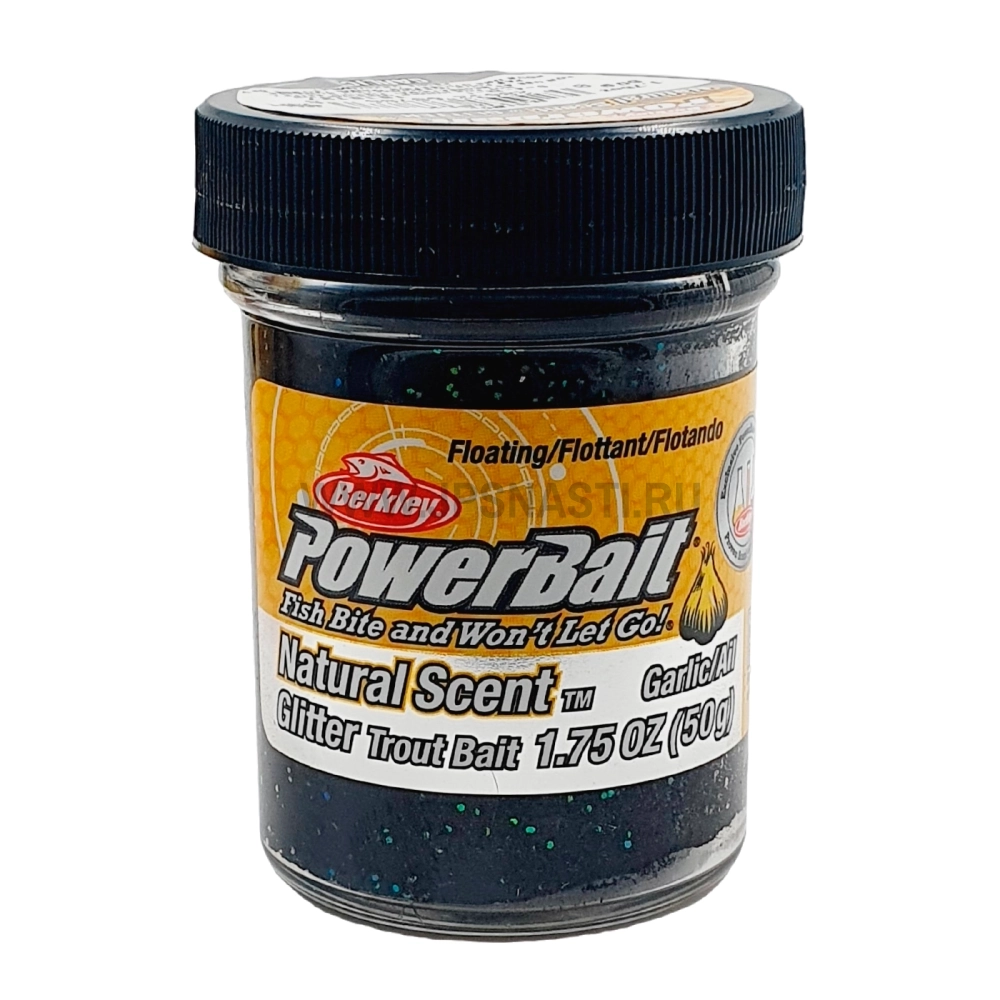 Паста форелевая Berkley PowerBait Natural Glitter Trout Bait, черная с блестками, чеснок