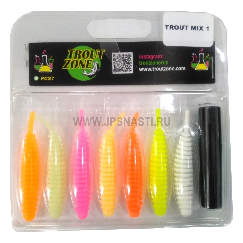 Набор силиконовых приманок Trout Zone Ribber Pupa, 2.3 inch, микс 1 + аттрактант