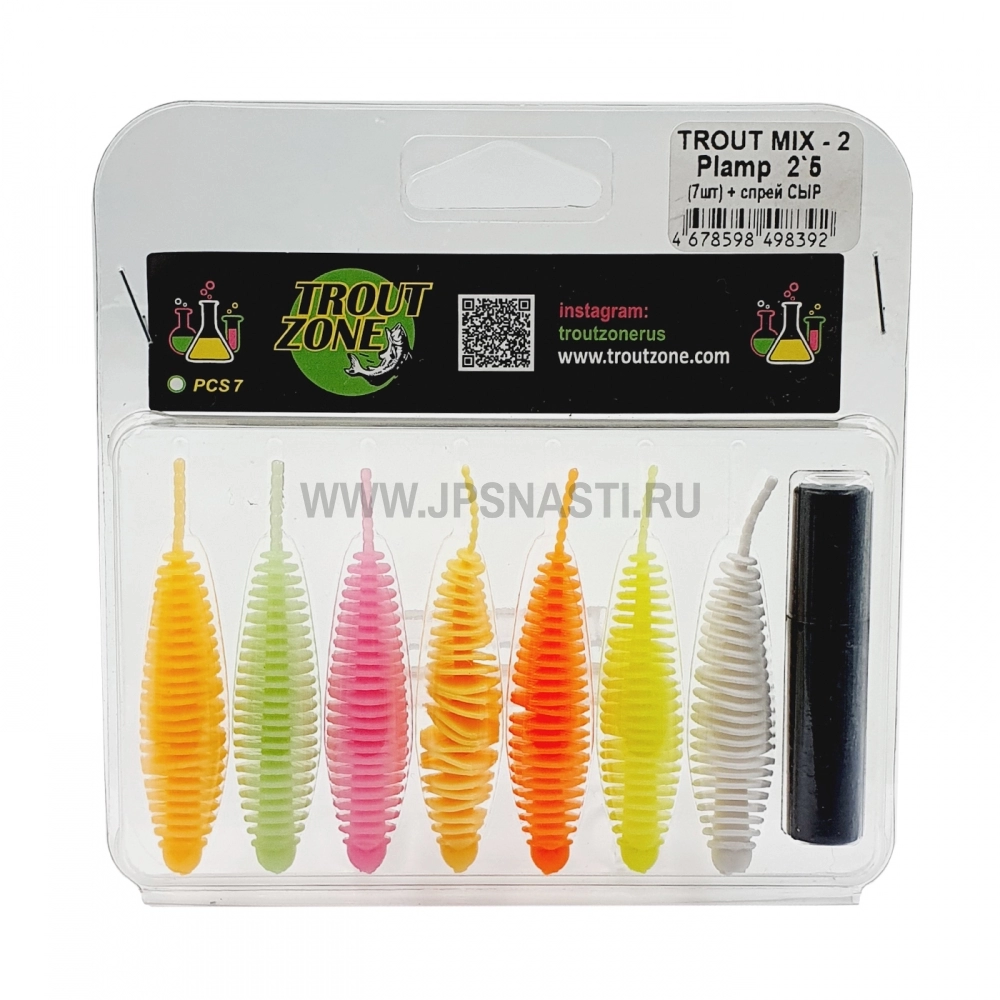 Набор силиконовых приманок Trout Zone Plamp, 2.5 inch, микс 2 + аттрактант