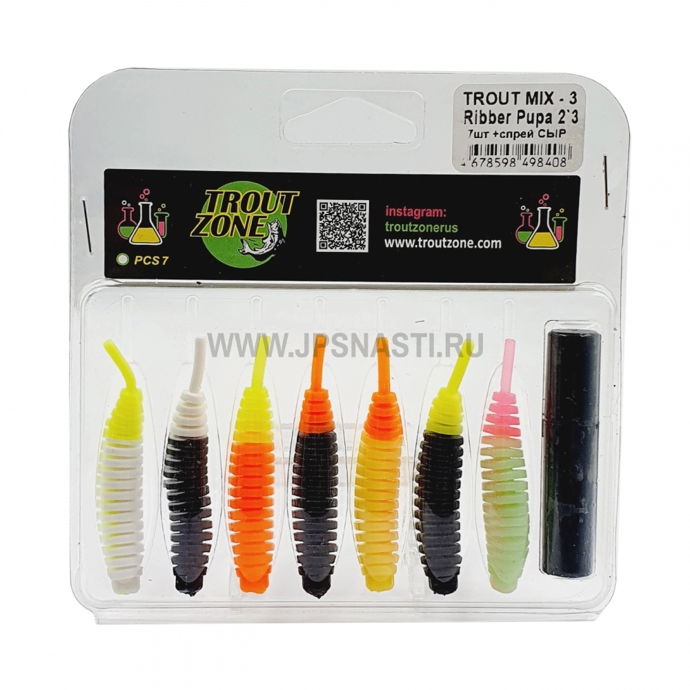 Набор силиконовых приманок Trout Zone Ribber Pupa, 2.3 inch, микс 3 + аттрактант