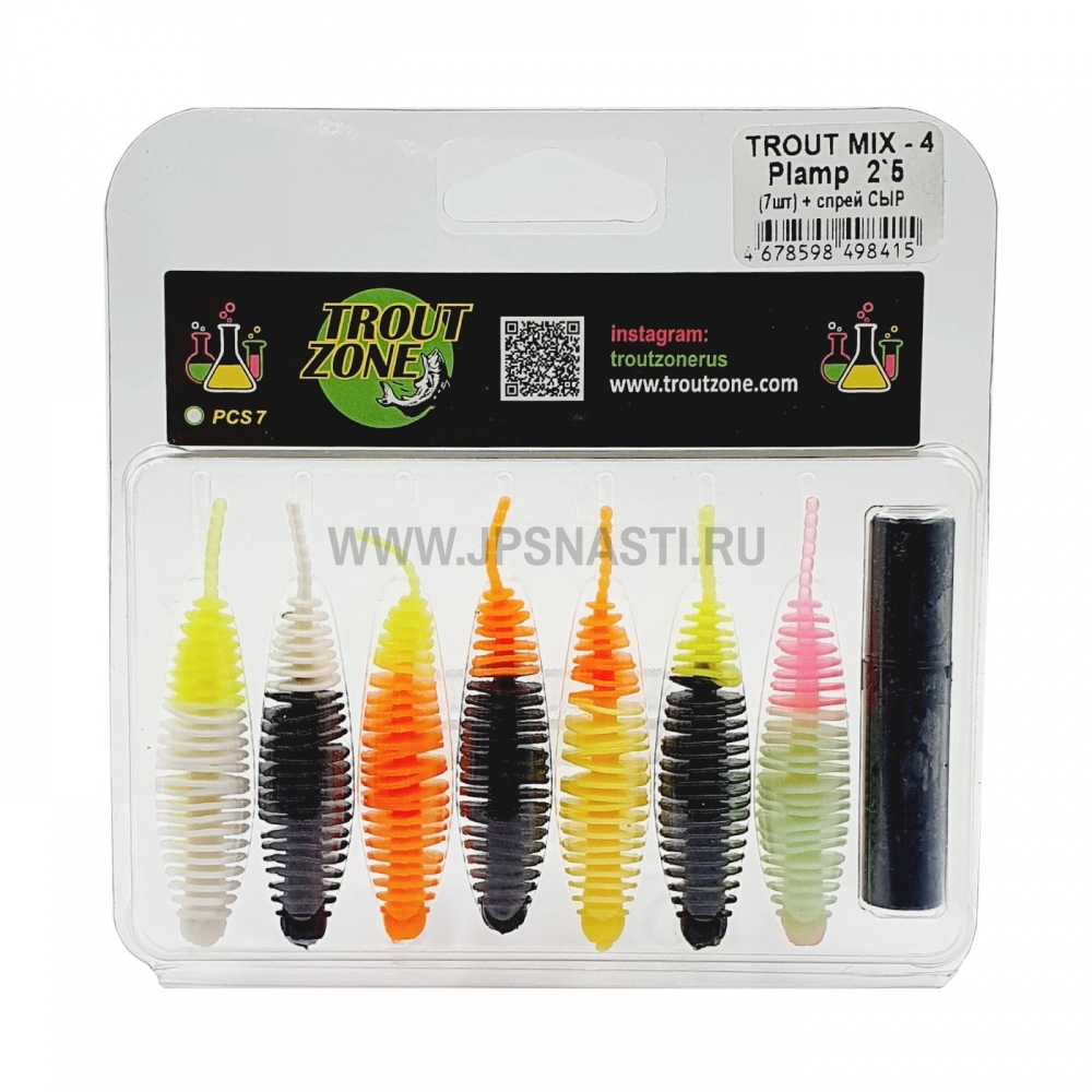 Набор силиконовых приманок Trout Zone Plamp, 2.5 inch, микс 4 + аттрактант